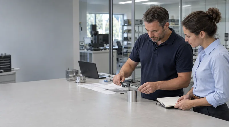 Two engineers measuring a cylindrical metal sample with a caliper and recording observations