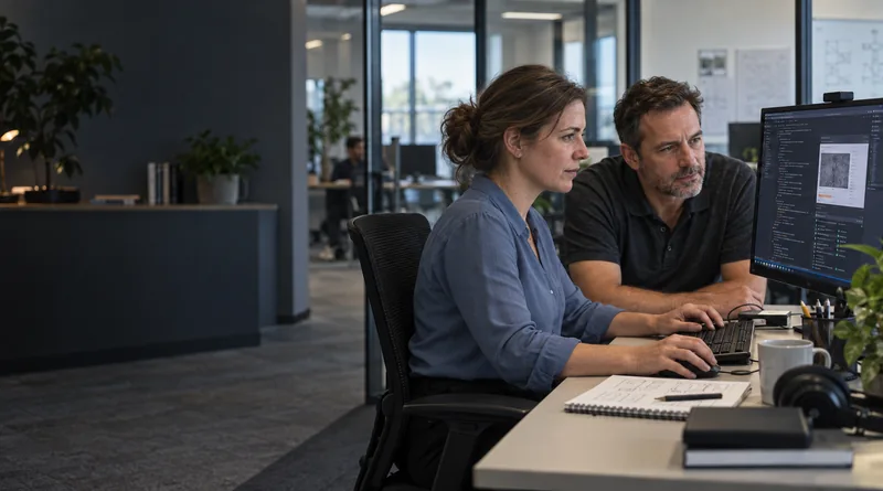 Two software developers reviewing code together at a workstation
