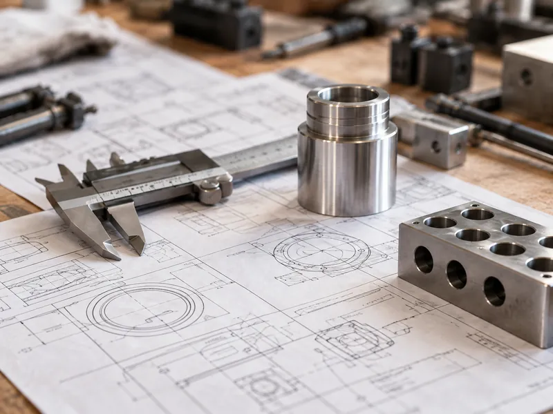 Precision machined parts and a measuring caliper on engineering plans